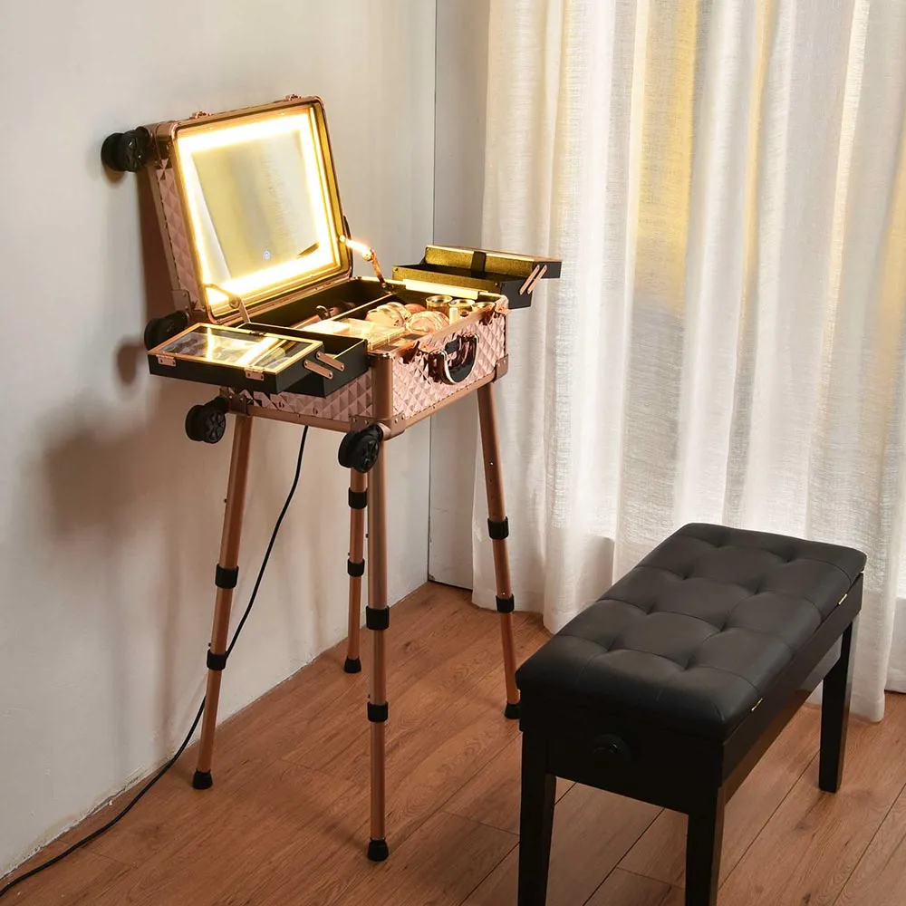15x10x23in Rolling Makeup Train Case with Lights & Stand
