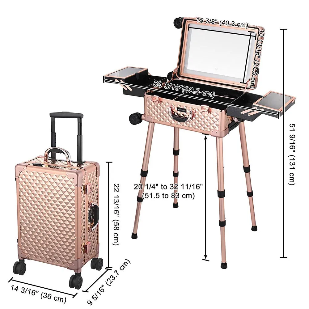 15x10x23in Rolling Makeup Train Case with Lights & Stand