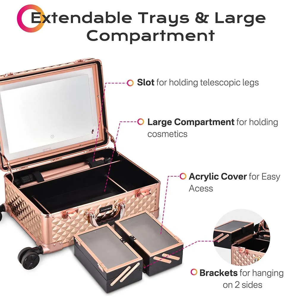15x10x23in Rolling Makeup Train Case with Lights & Stand
