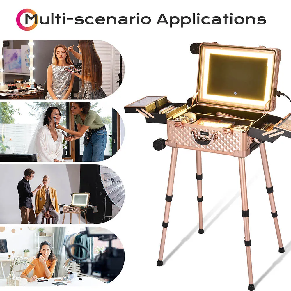 15x10x23in Rolling Makeup Train Case with Lights & Stand
