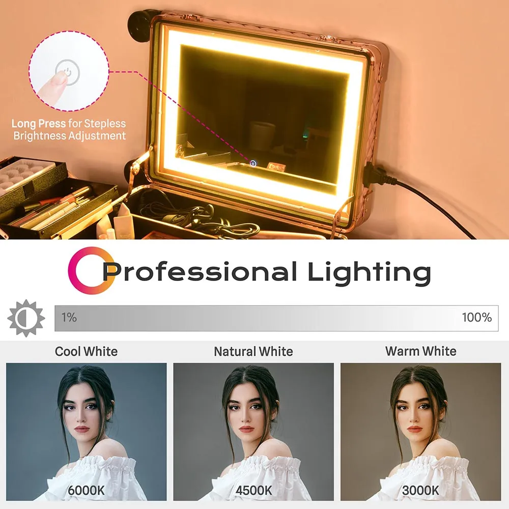 15x10x23in Rolling Makeup Train Case with Lights & Stand