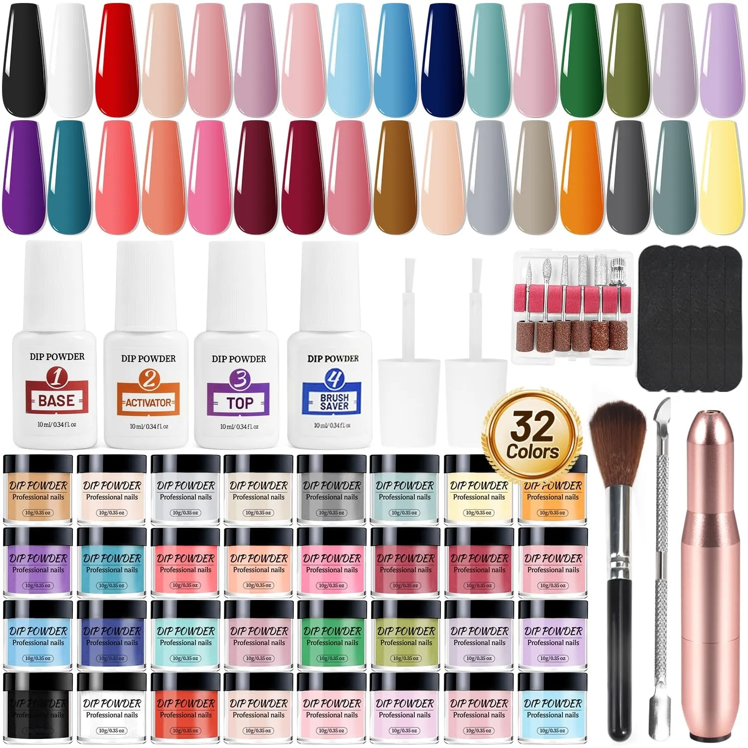 32-Color Nail Dip Powder Starter Kit: Blue Cheese & Yellow Shades for DIY Manicure, Tools Included