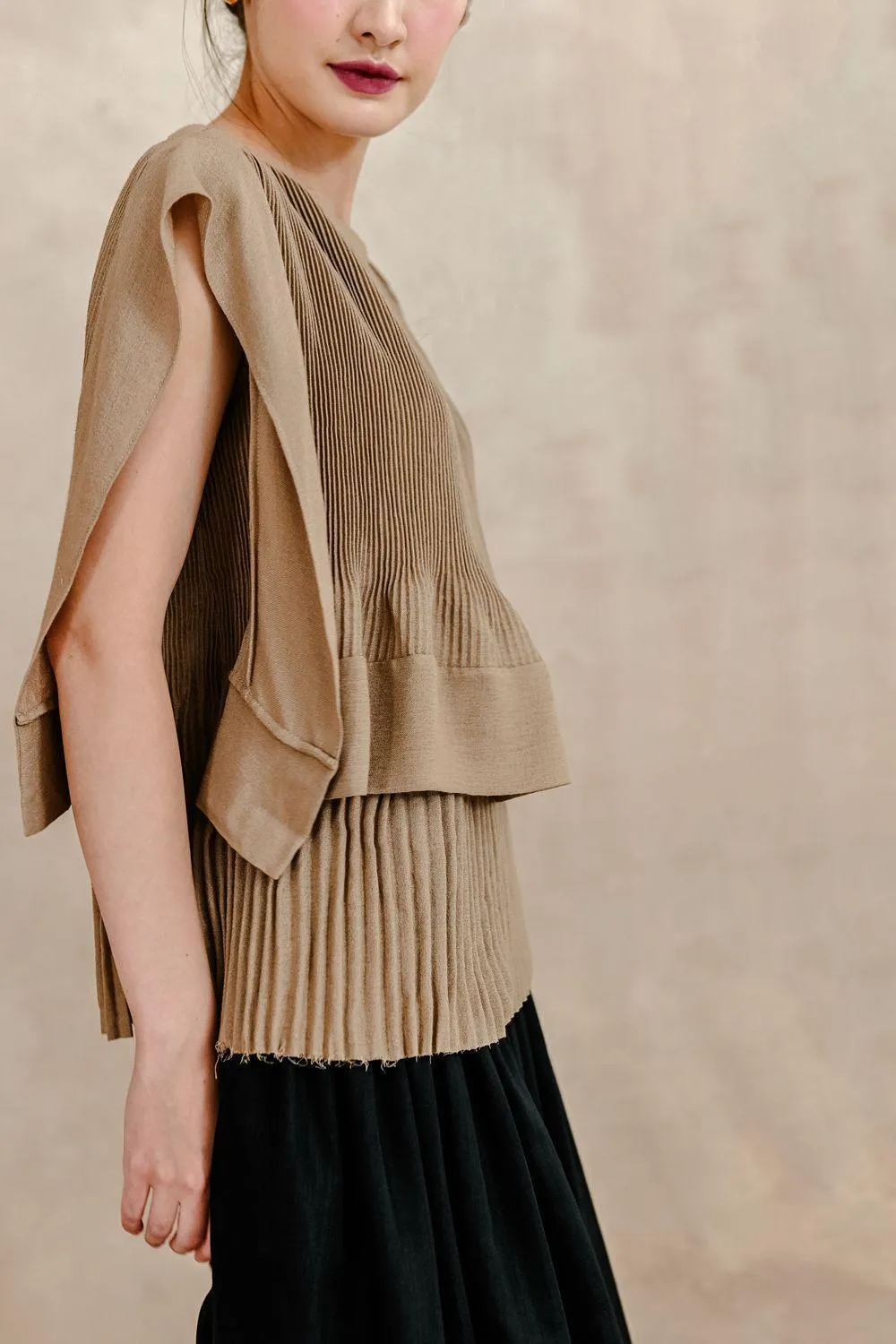 Cadence Pleated Boat Neck Silk Linen Shirt