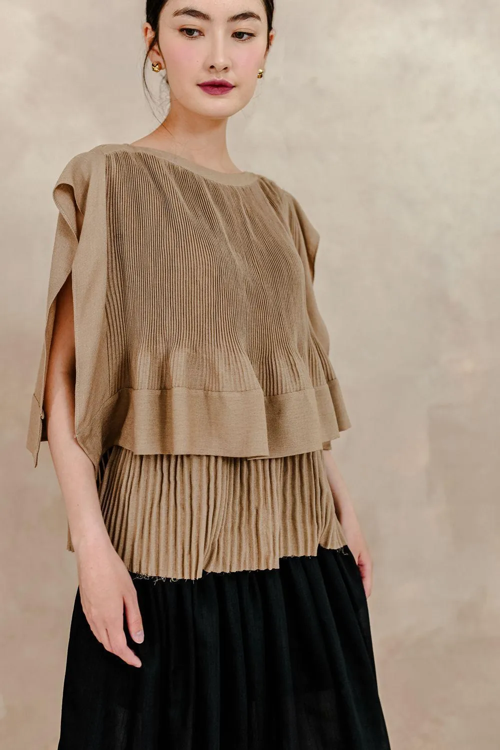 Cadence Pleated Boat Neck Silk Linen Shirt