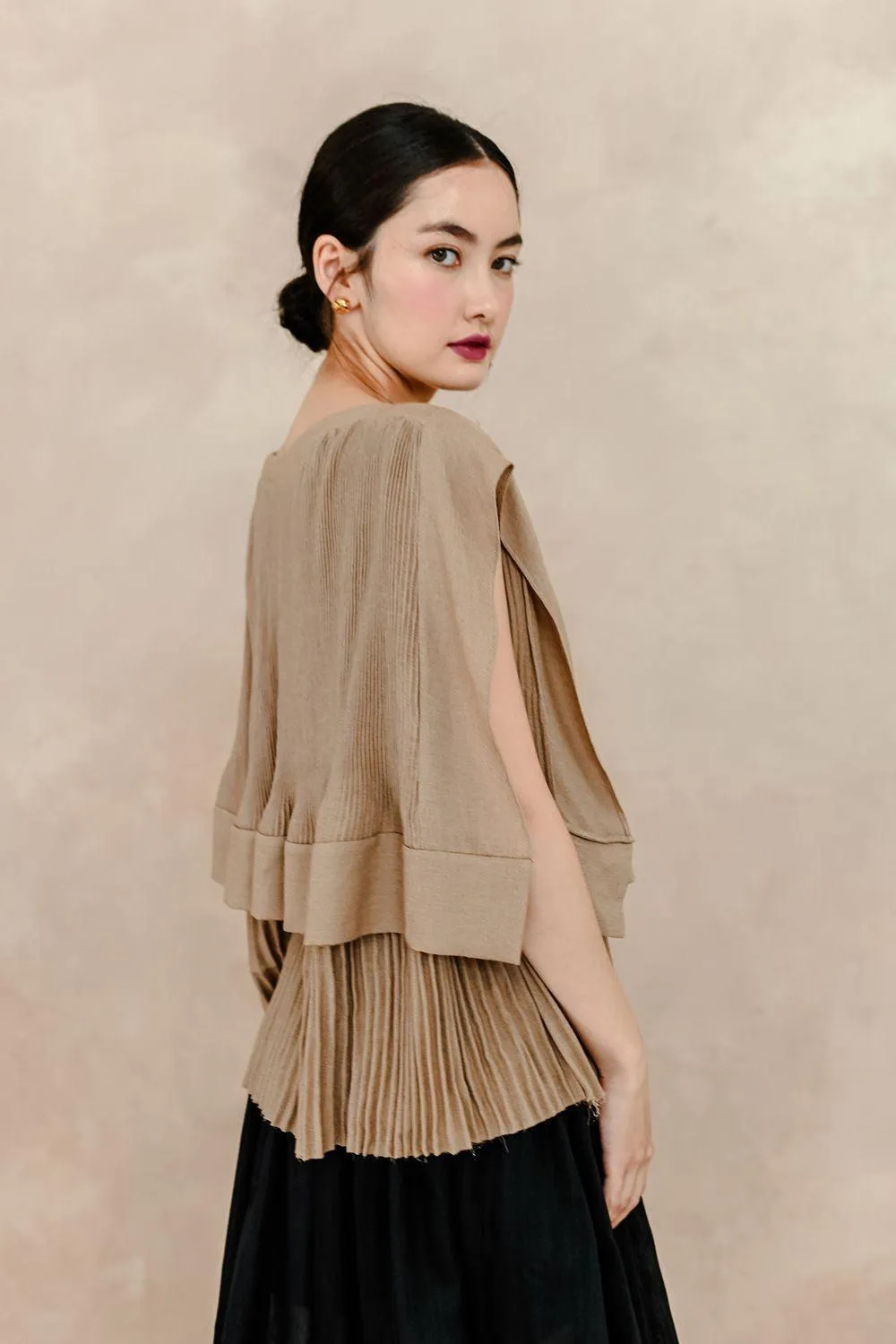 Cadence Pleated Boat Neck Silk Linen Shirt
