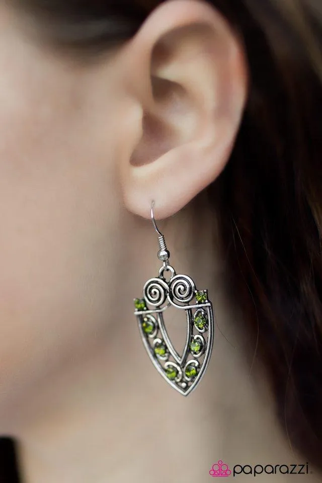 Call A Spade A Spade Green Rhinestone and Silver Earrings - Paparazzi Accessories