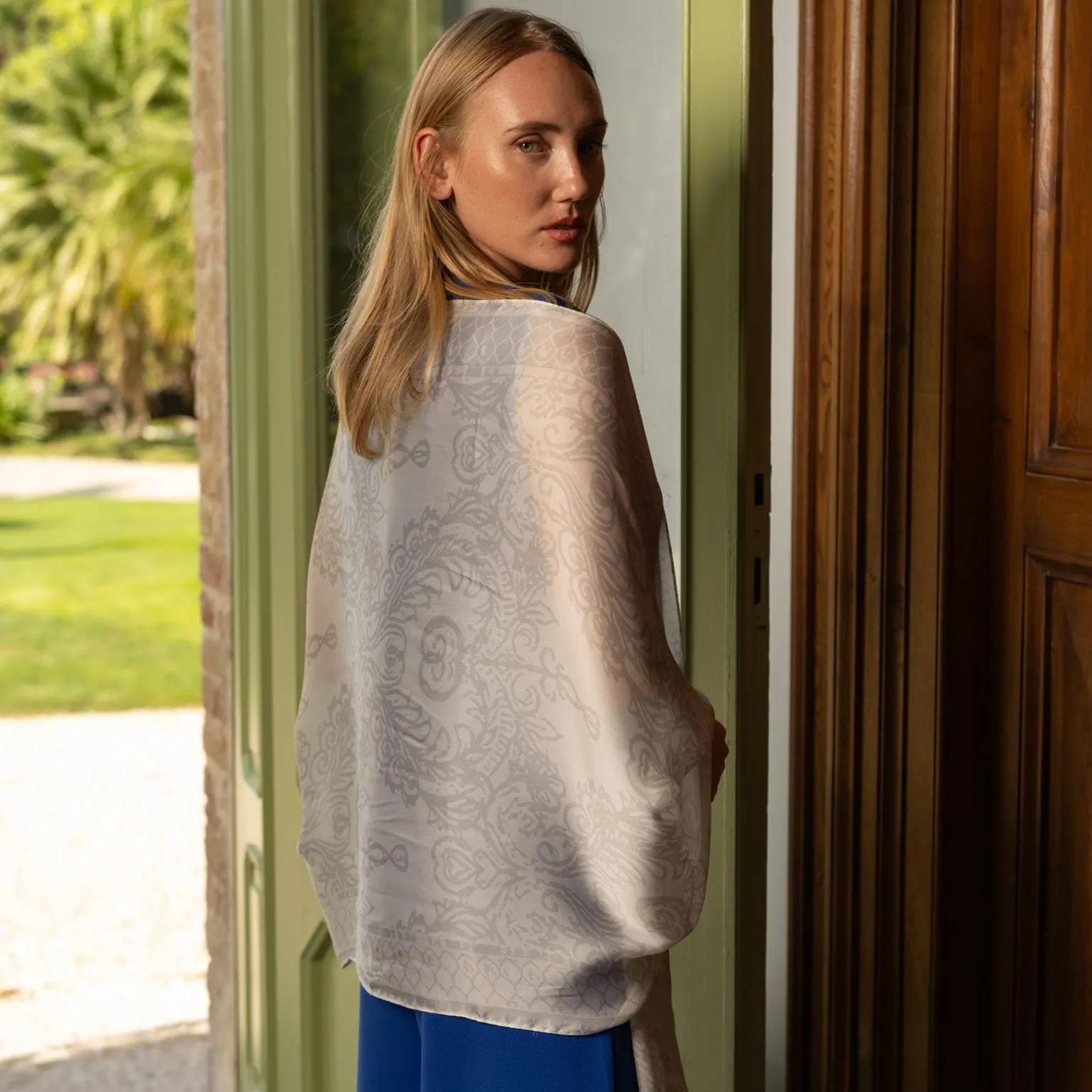 Colette - Silk Scarf/Shawl - Silver Pearl