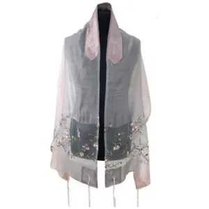 Floral Embroidery Light Rose Grey Tones Silk Tallit Tallis Prayer Shawl Set Hand Made By Ronit Gur