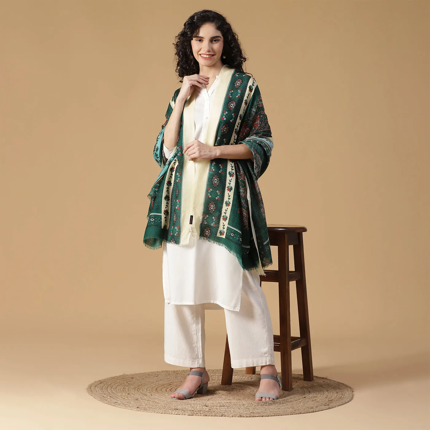 Floral Paisley Pure Woolen Beige Printed Shawl