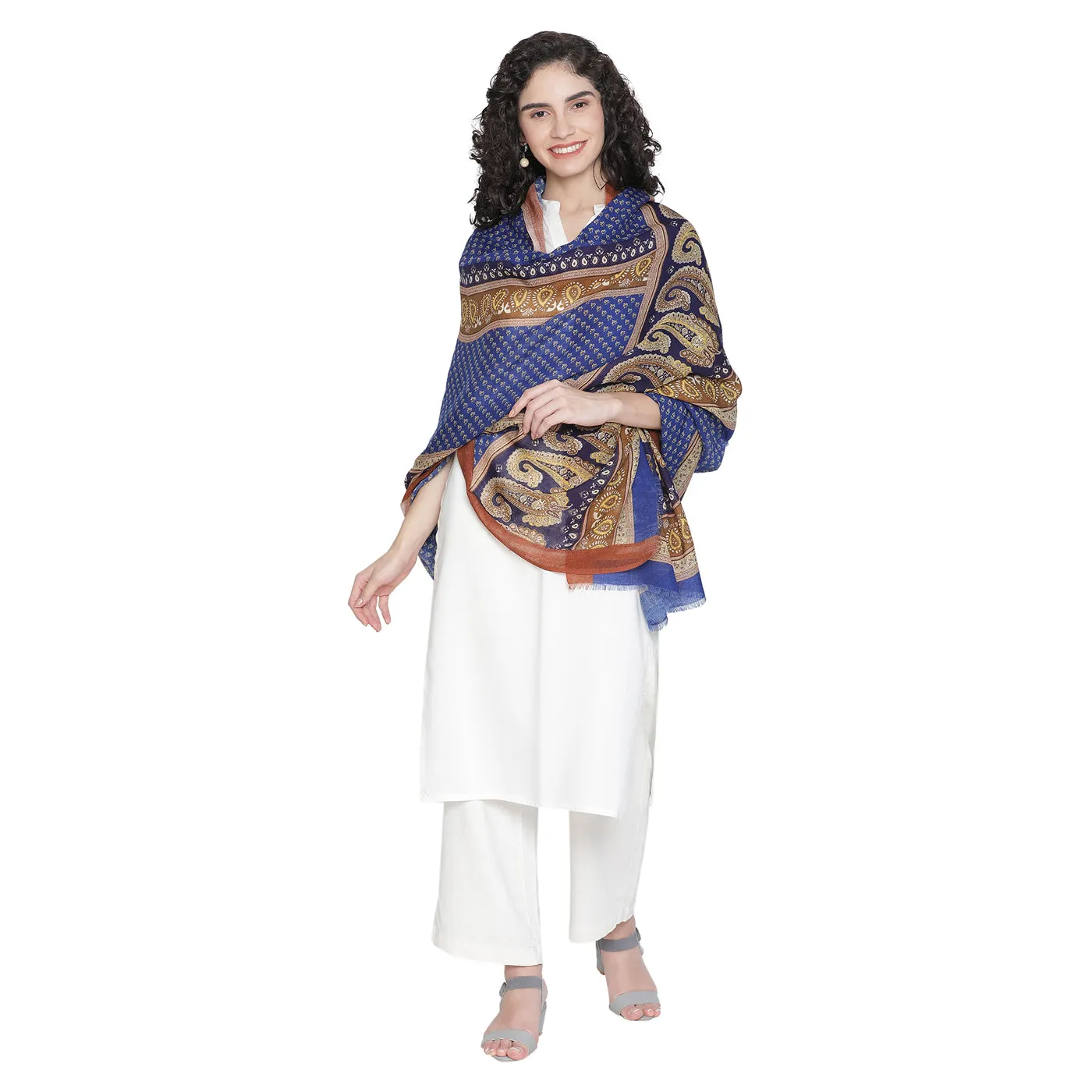 Line Paisley Pure Woolen Blue Printed Shawl