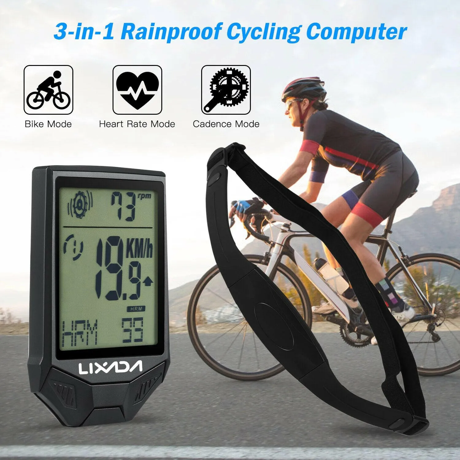 Lixada Cycling Wireless Computer with Heart Rate Sensor Multifunctional IP65 Rainproof Cycling Computer with Backlight LCD