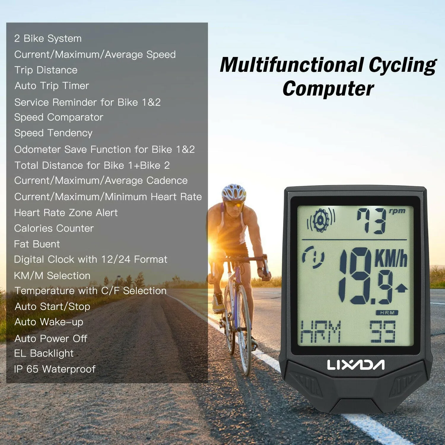 Lixada Cycling Wireless Computer with Heart Rate Sensor Multifunctional IP65 Rainproof Cycling Computer with Backlight LCD