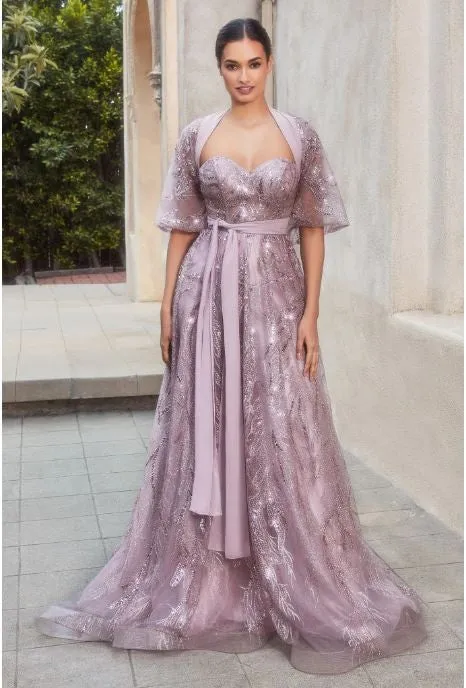 Mauve Shimmer Leaf Motif Ball Gown With Matching Shawl