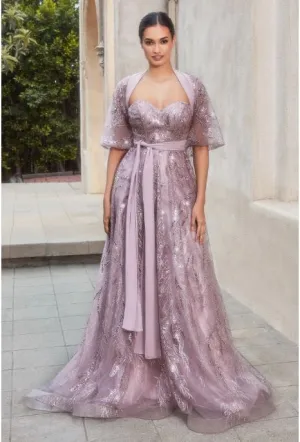 Mauve Shimmer Leaf Motif Ball Gown With Matching Shawl