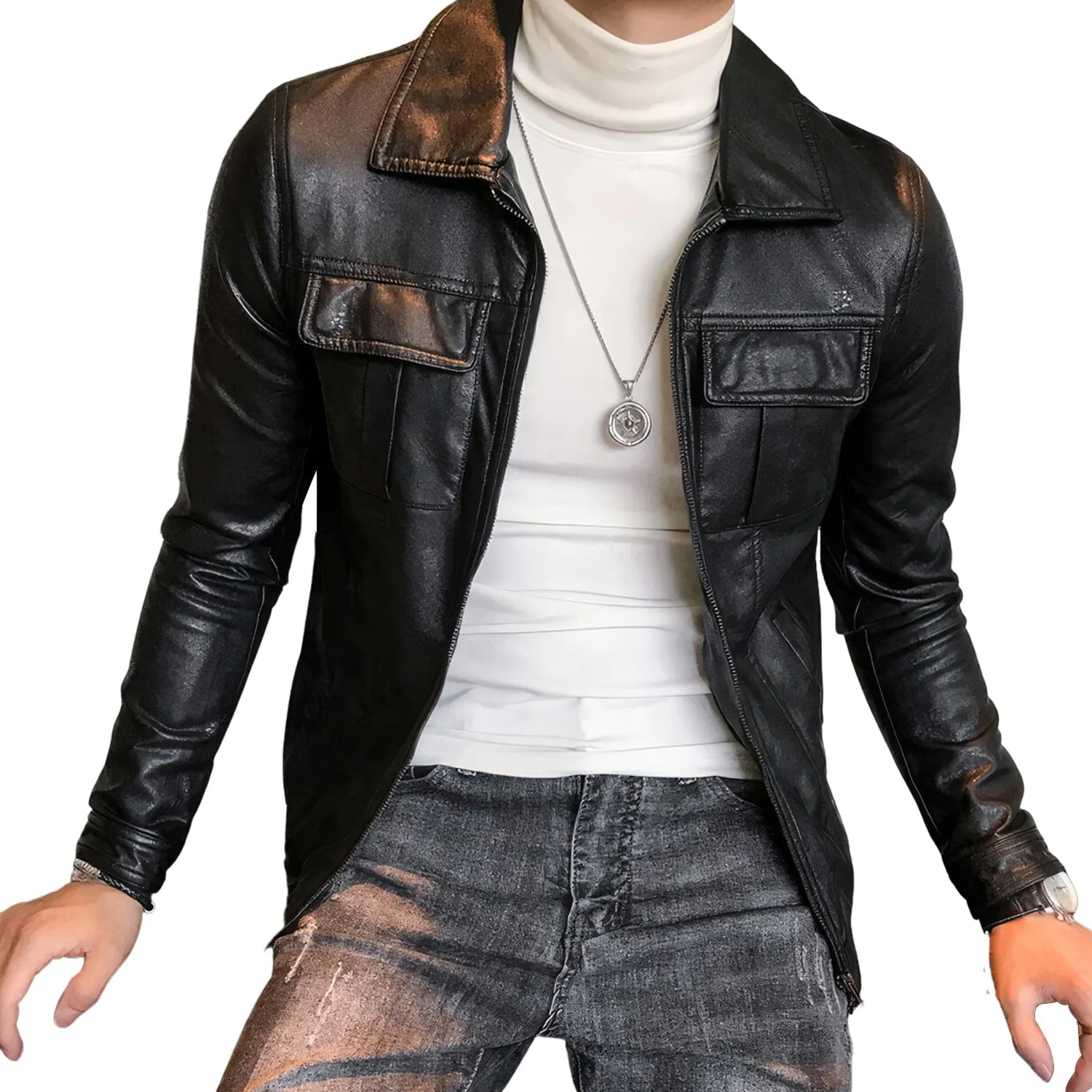 Men’s Black Biker Genuine Sheepskin Shirt Collar Café Racer Retro Zip-Up Casual Slim Fit Moto Rider Smooth Leather Jacket
