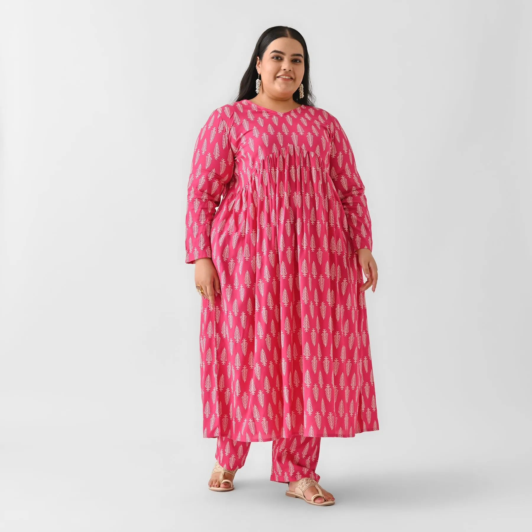 Pink Front Gathered Leaf Print Kurta Pant Set - SOM