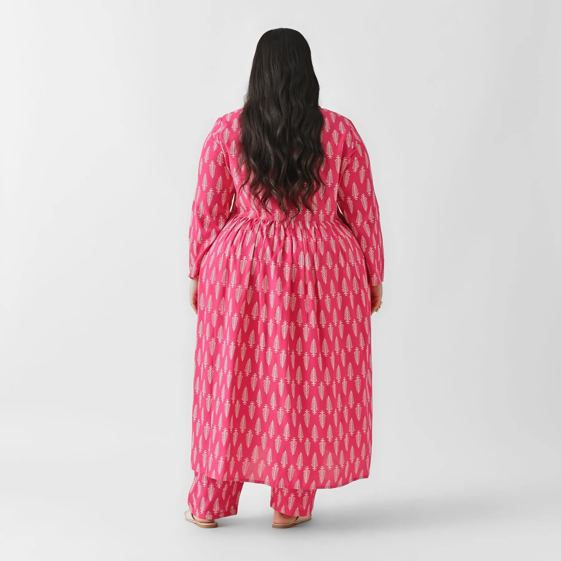 Pink Front Gathered Leaf Print Kurta Pant Set - SOM