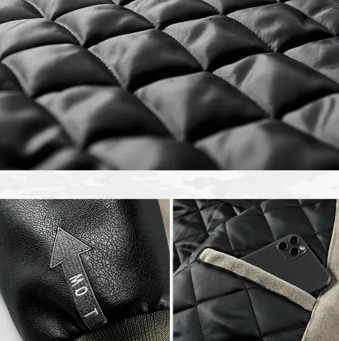 "Men's Vintage Wool Splicing Flight Jacket with Leather Sleeves: Winter Cotton Pad Baseball Jersey"