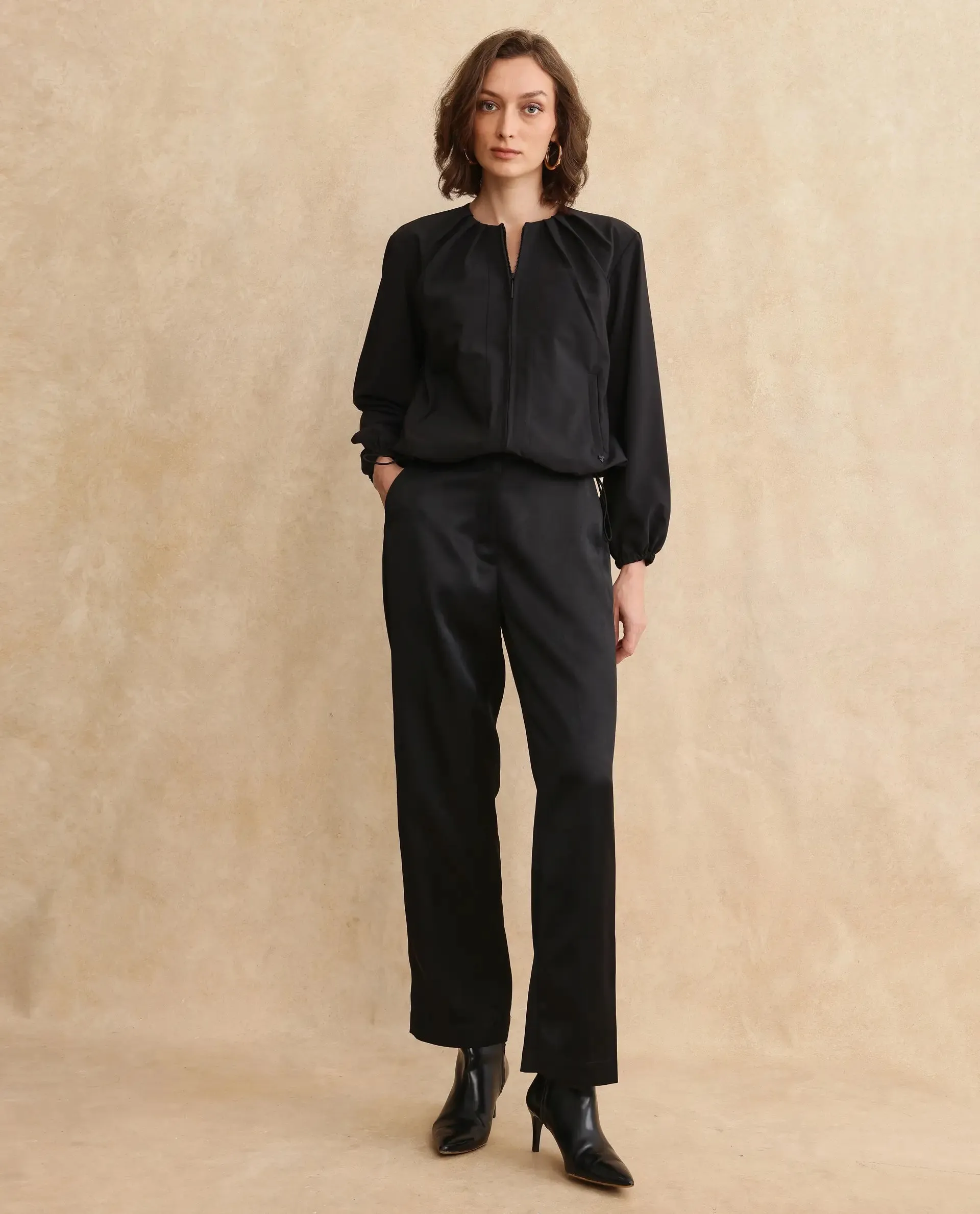 Rareism Women Dockly Black Full Sleeve Crew Neck Zipper Closure Plain Jacket