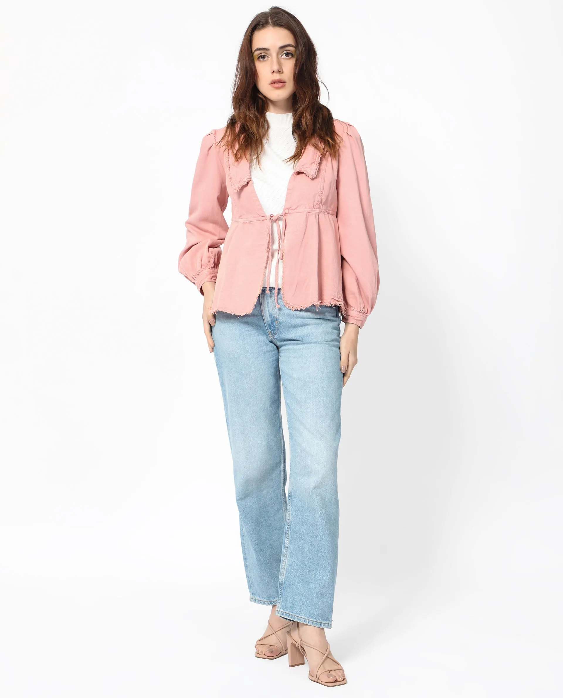 Rareism Women Reism Light Pink Cotton Blend Fabric Full Sleeves Tie-Up Closure Lapel Neck Boxy Fit Plain Shrug