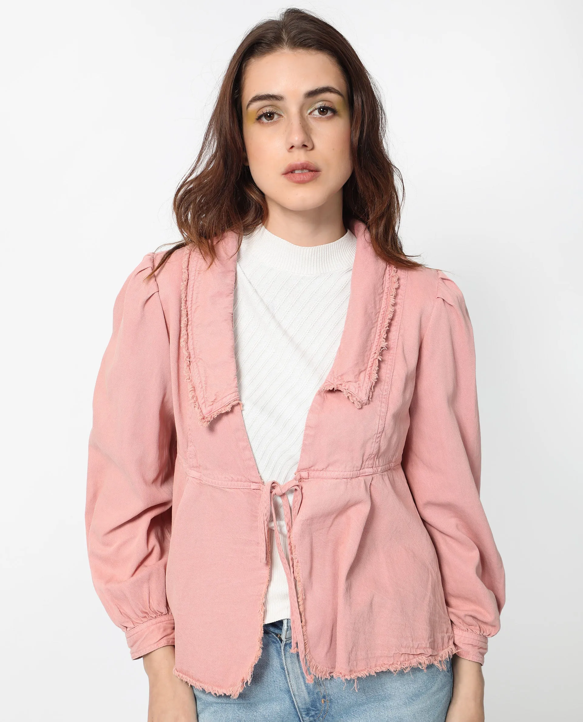 Rareism Women Reism Light Pink Cotton Blend Fabric Full Sleeves Tie-Up Closure Lapel Neck Boxy Fit Plain Shrug