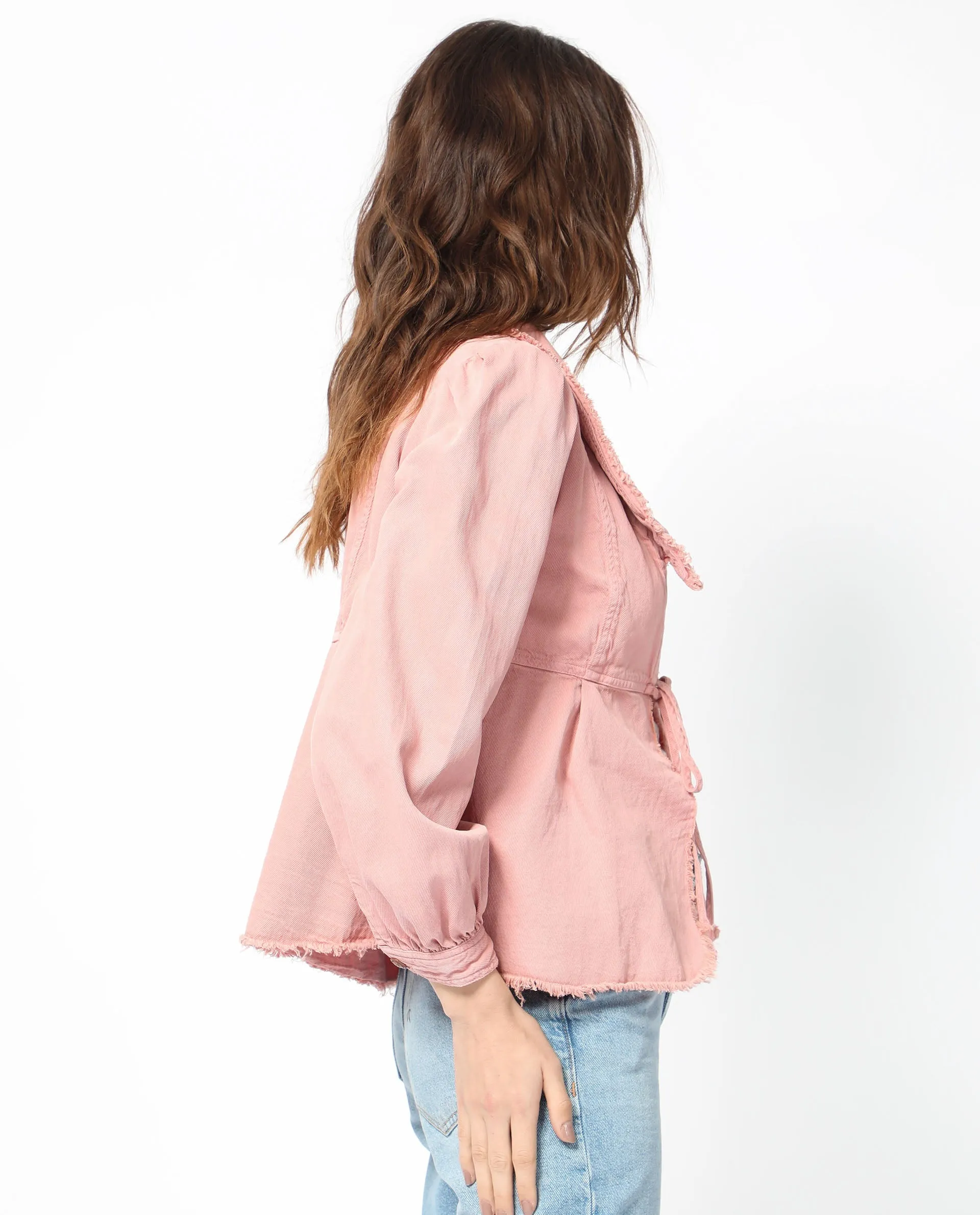 Rareism Women Reism Light Pink Cotton Blend Fabric Full Sleeves Tie-Up Closure Lapel Neck Boxy Fit Plain Shrug