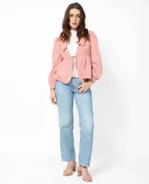 Rareism Women Reism Light Pink Cotton Blend Fabric Full Sleeves Tie-Up Closure Lapel Neck Boxy Fit Plain Shrug
