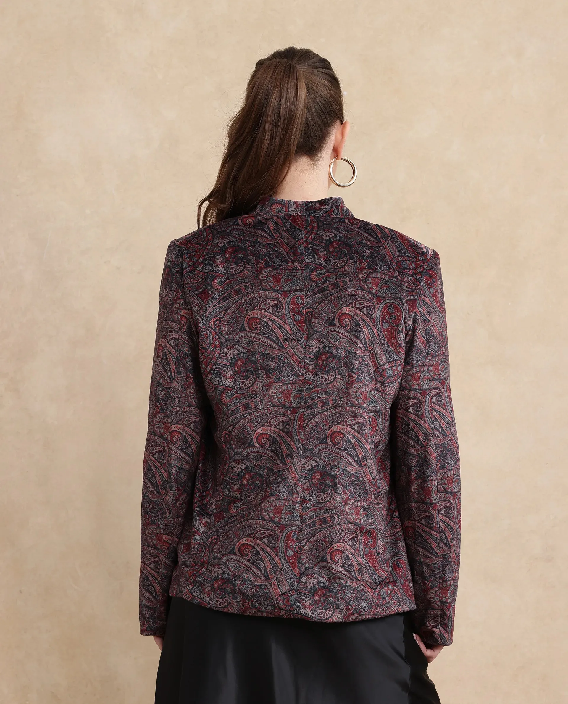 Rareism Women Resko Multi Velvet Regular Sleeves Collarless Paisley Print Jacket