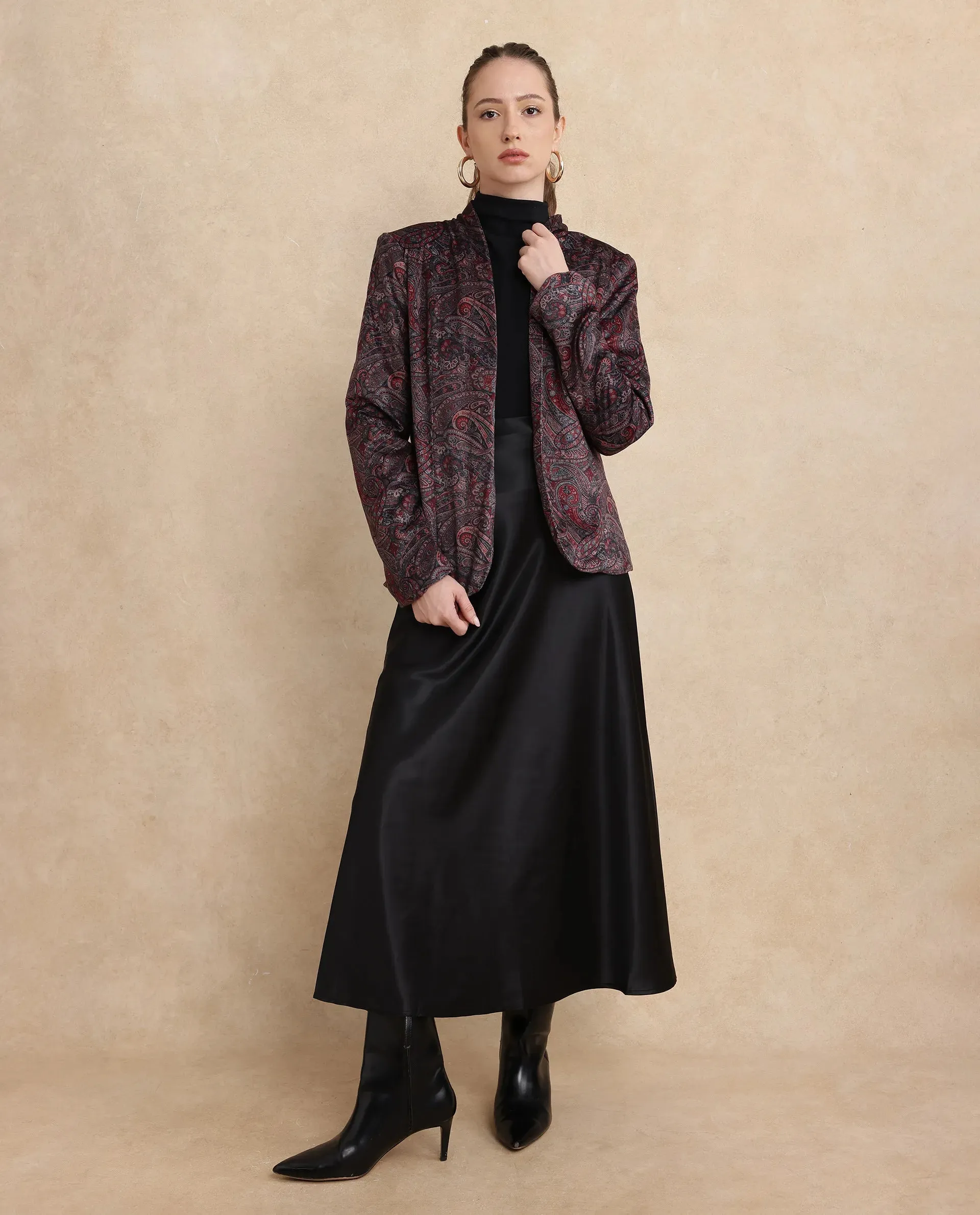 Rareism Women Resko Multi Velvet Regular Sleeves Collarless Paisley Print Jacket
