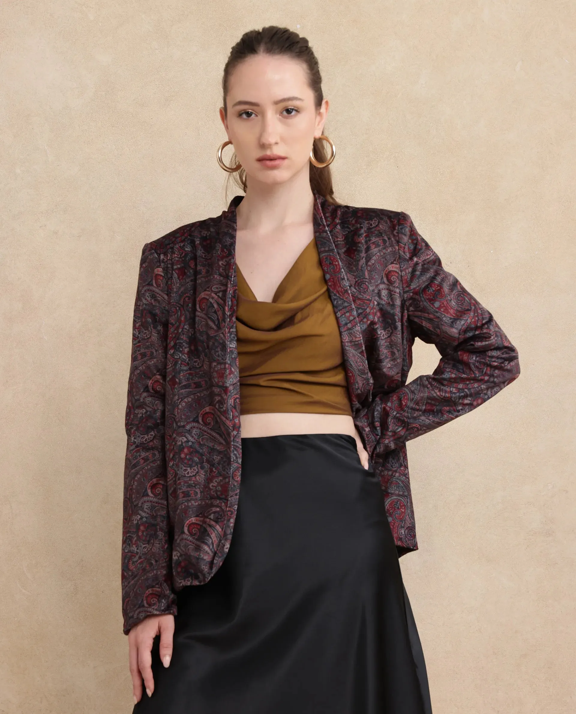 Rareism Women Resko Multi Velvet Regular Sleeves Collarless Paisley Print Jacket