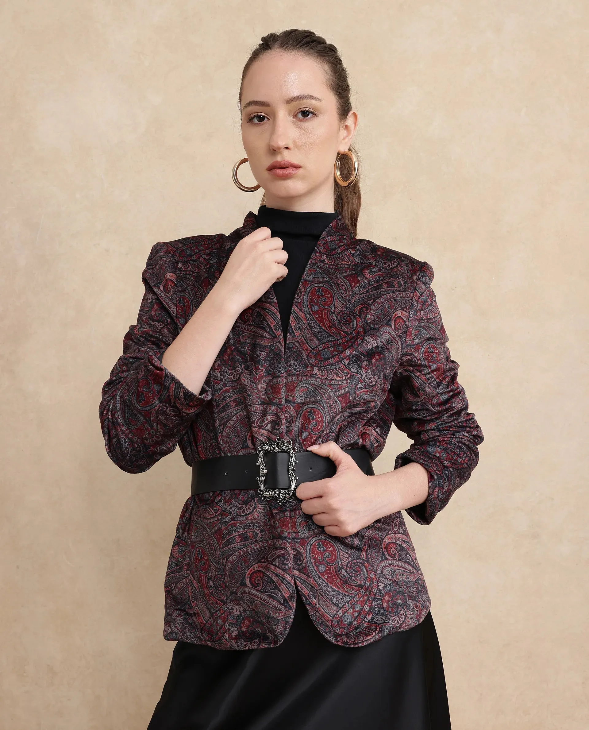 Rareism Women Resko Multi Velvet Regular Sleeves Collarless Paisley Print Jacket
