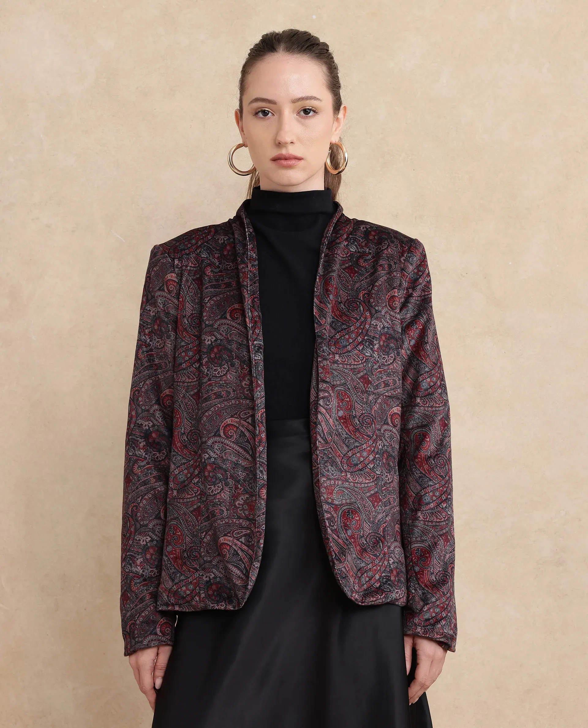 Rareism Women Resko Multi Velvet Regular Sleeves Collarless Paisley Print Jacket