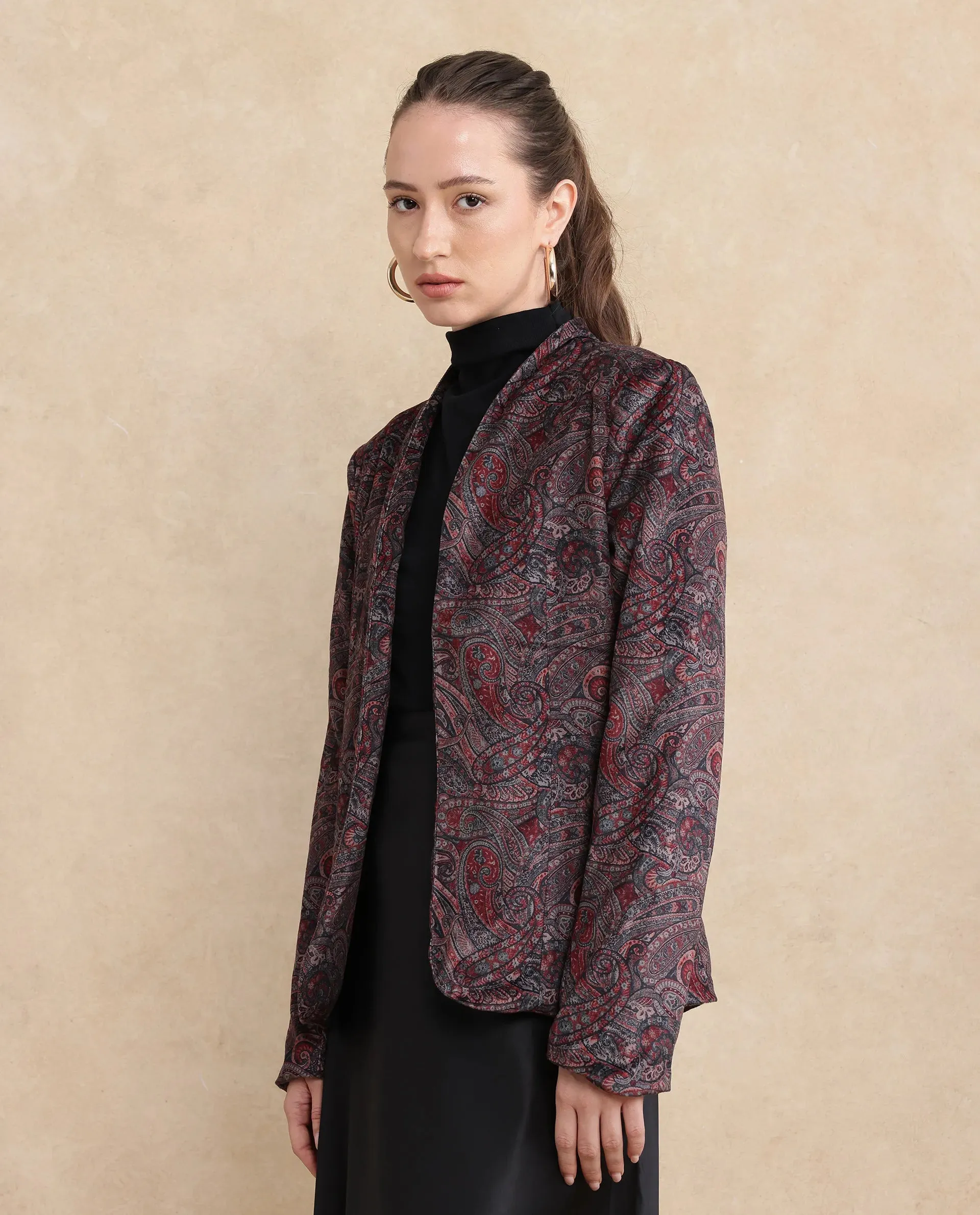 Rareism Women Resko Multi Velvet Regular Sleeves Collarless Paisley Print Jacket