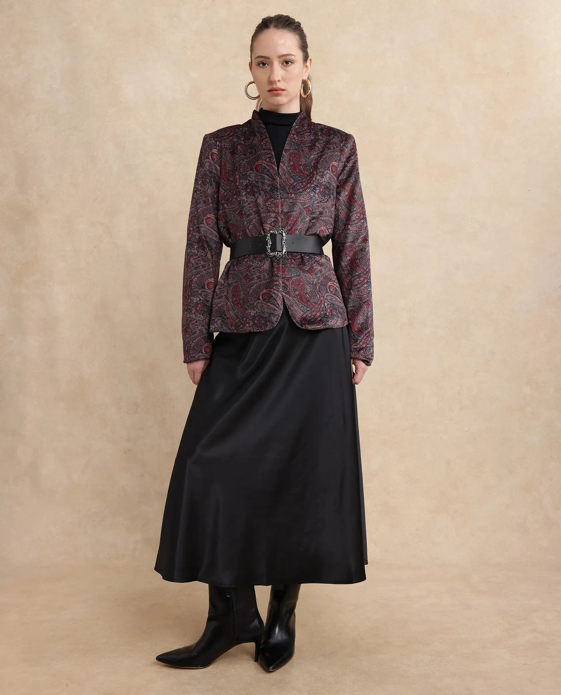 Rareism Women Resko Multi Velvet Regular Sleeves Collarless Paisley Print Jacket
