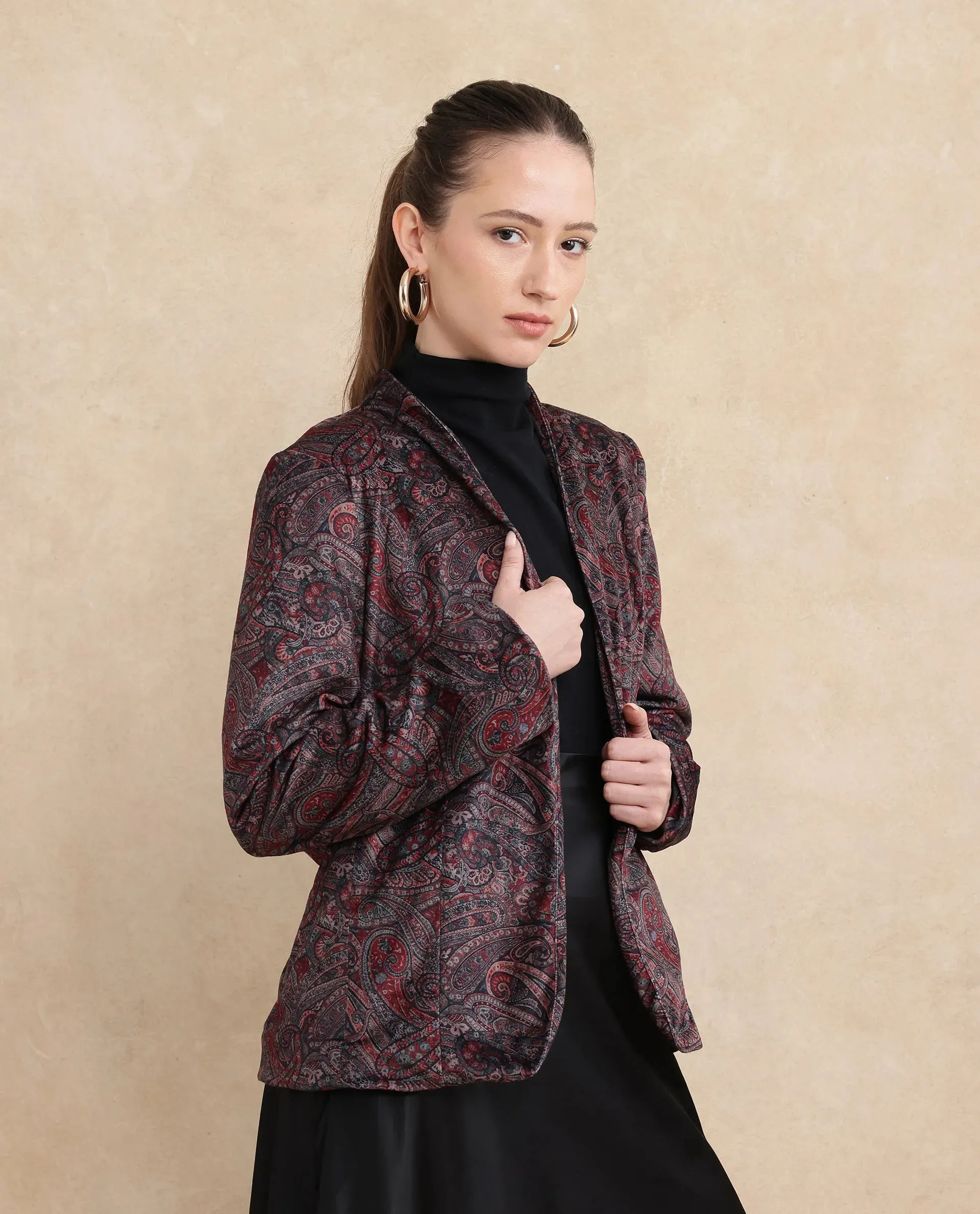 Rareism Women Resko Multi Velvet Regular Sleeves Collarless Paisley Print Jacket