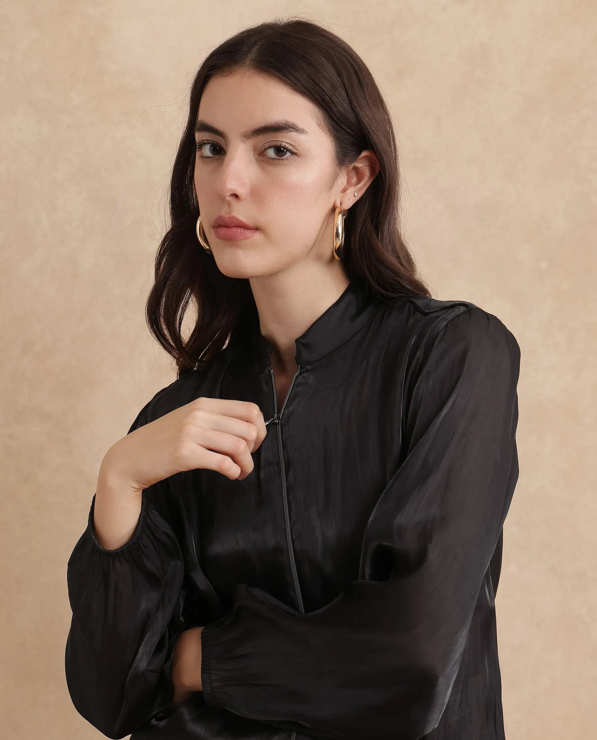 Rareism Women Wals Black Mandarin Collar Zipper Closure Regular Fit Plain Jacket