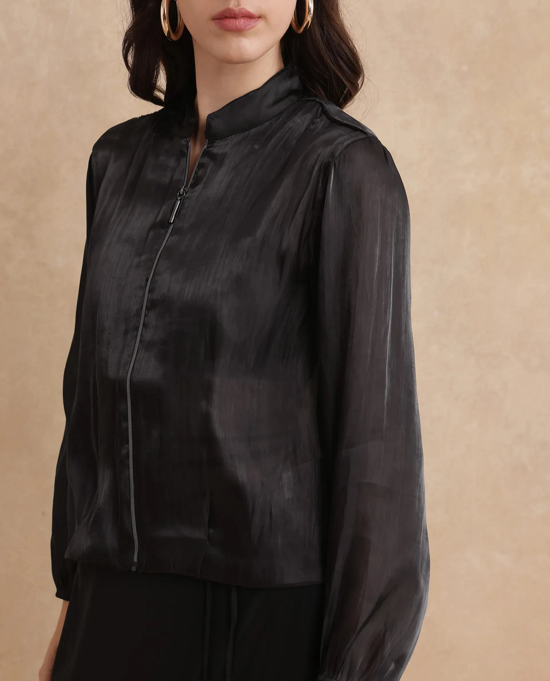 Rareism Women Wals Black Mandarin Collar Zipper Closure Regular Fit Plain Jacket