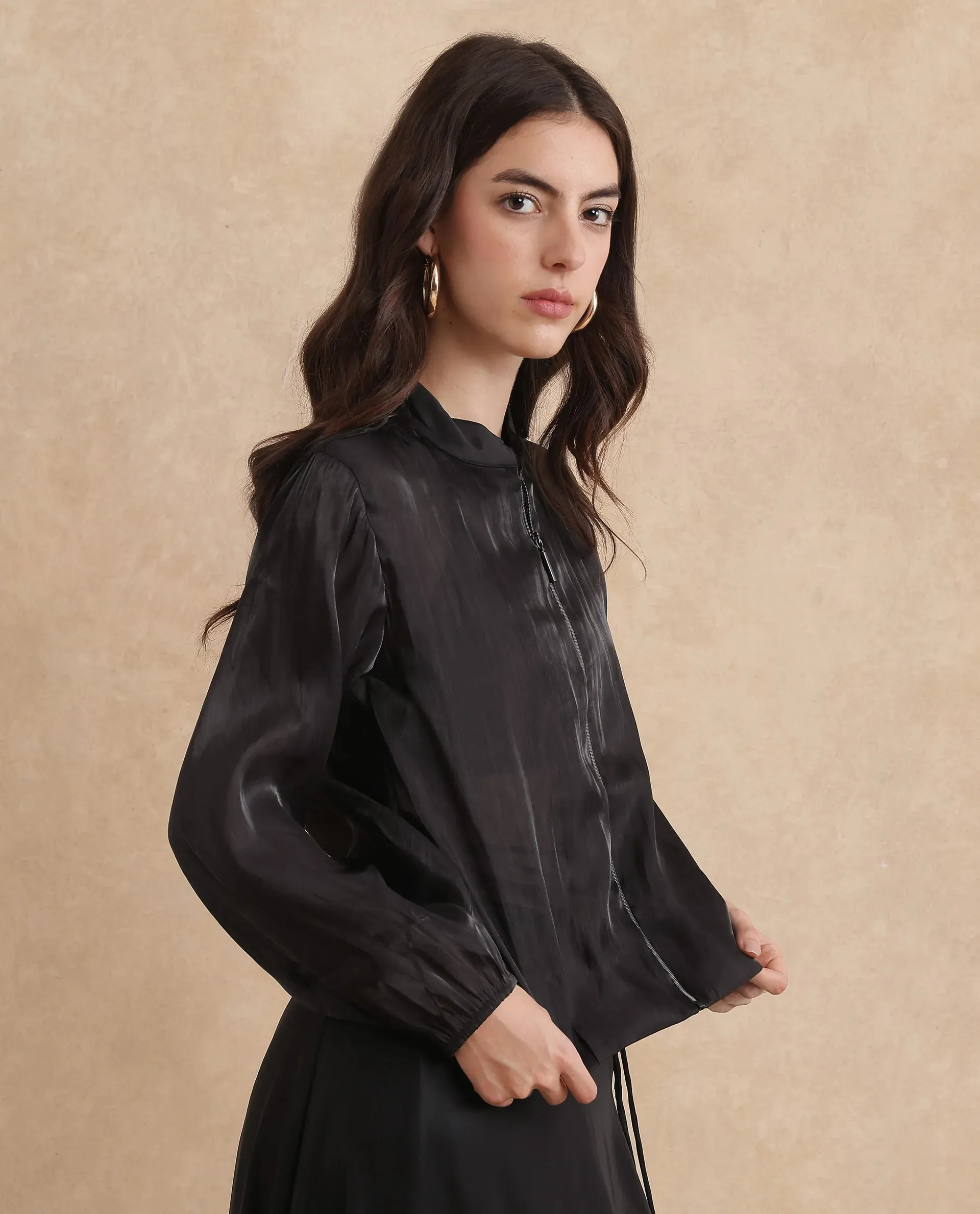 Rareism Women Wals Black Mandarin Collar Zipper Closure Regular Fit Plain Jacket
