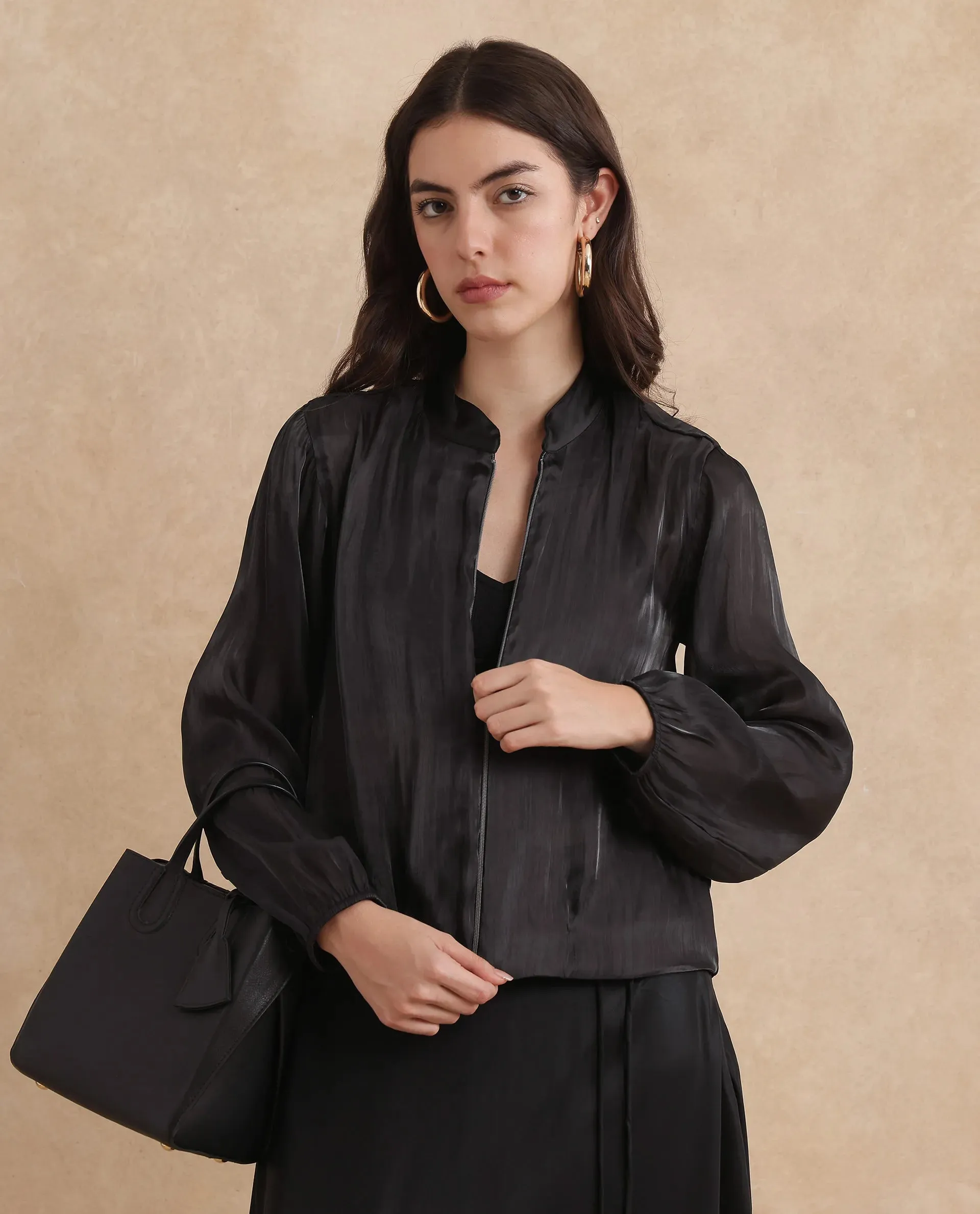 Rareism Women Wals Black Mandarin Collar Zipper Closure Regular Fit Plain Jacket