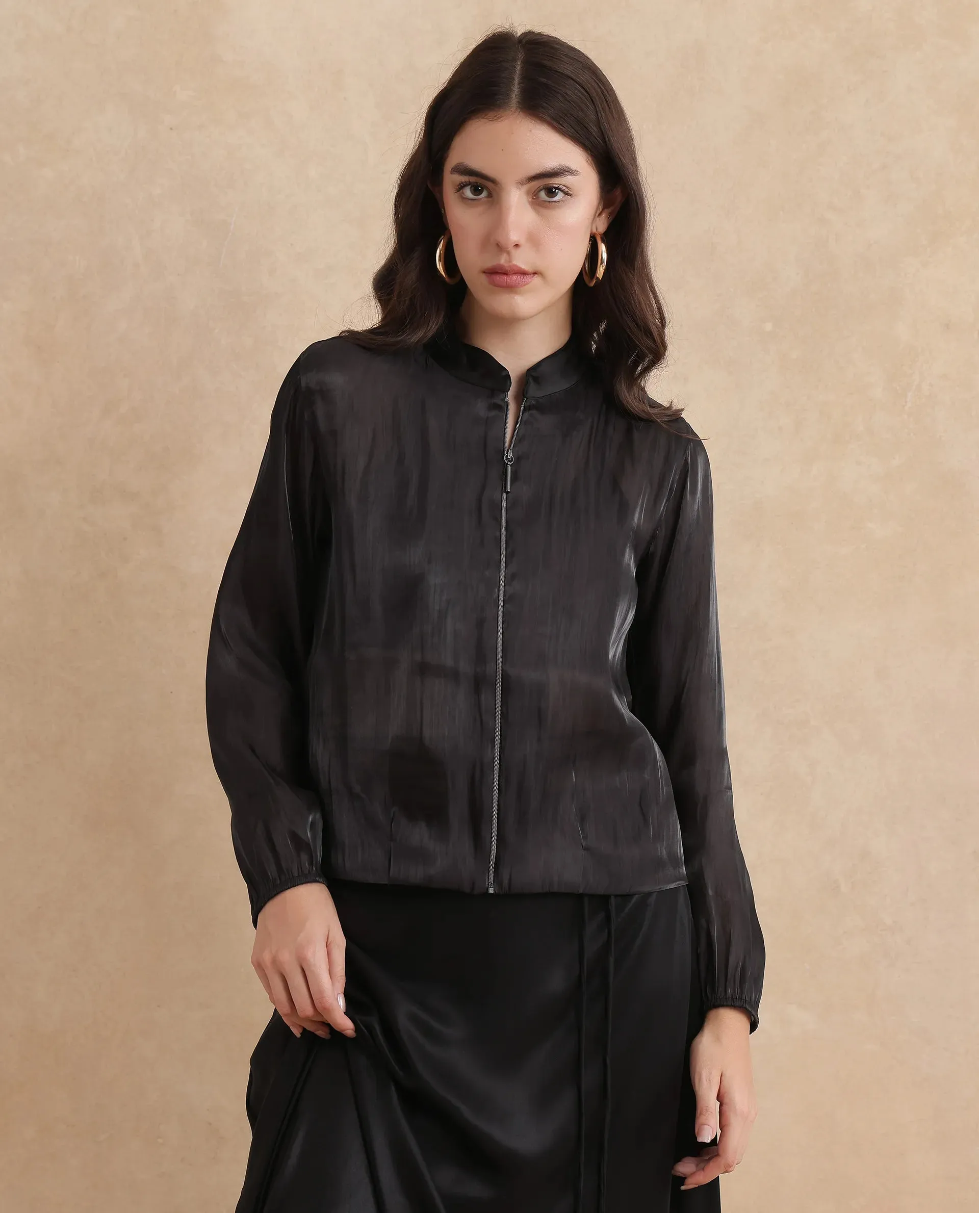 Rareism Women Wals Black Mandarin Collar Zipper Closure Regular Fit Plain Jacket