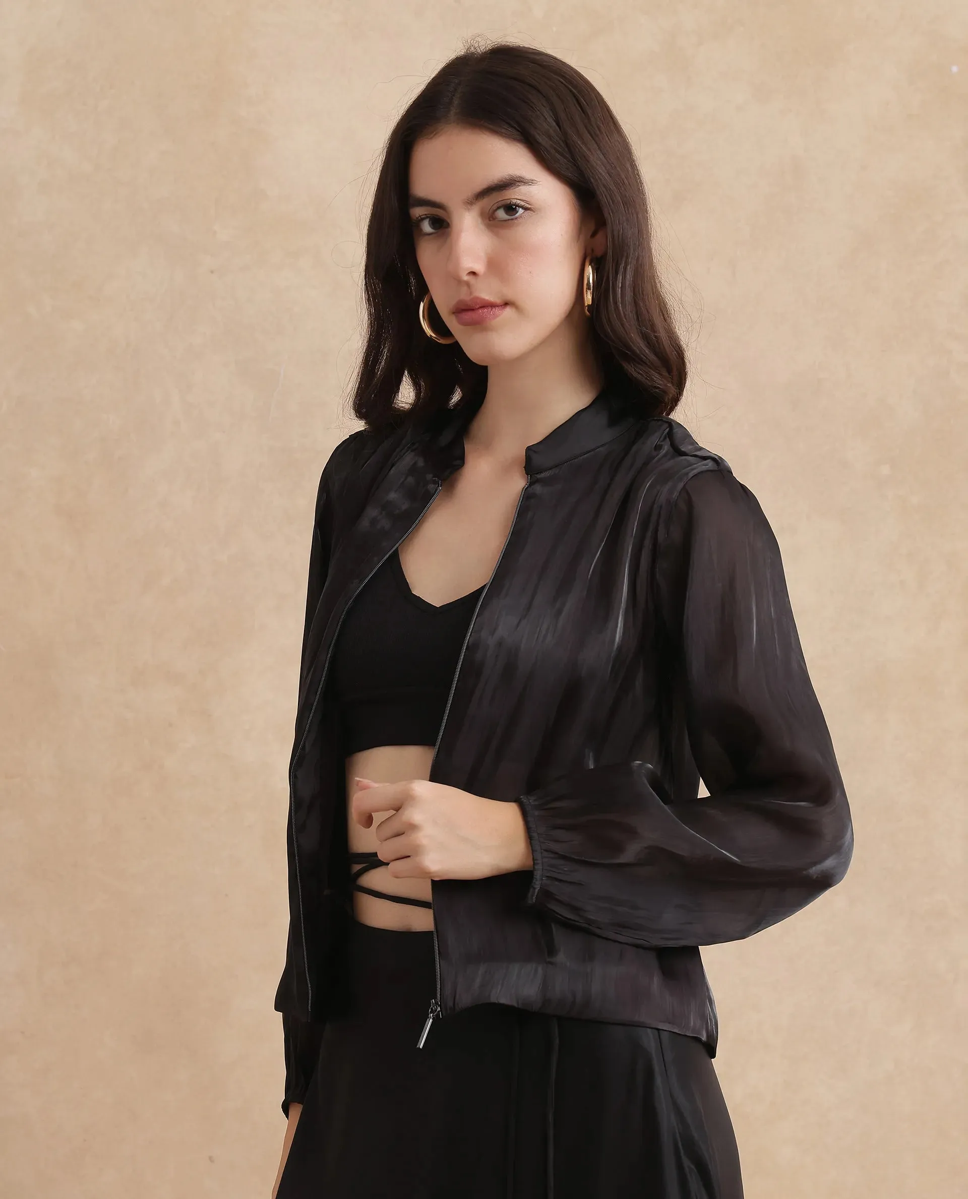 Rareism Women Wals Black Mandarin Collar Zipper Closure Regular Fit Plain Jacket