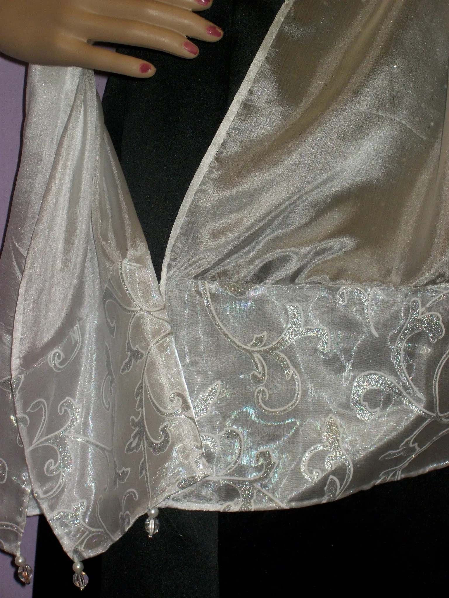 Silk Scarf 2894 Dupatta Shawl Wrap Stole White Silver Lace Shieno Sarees