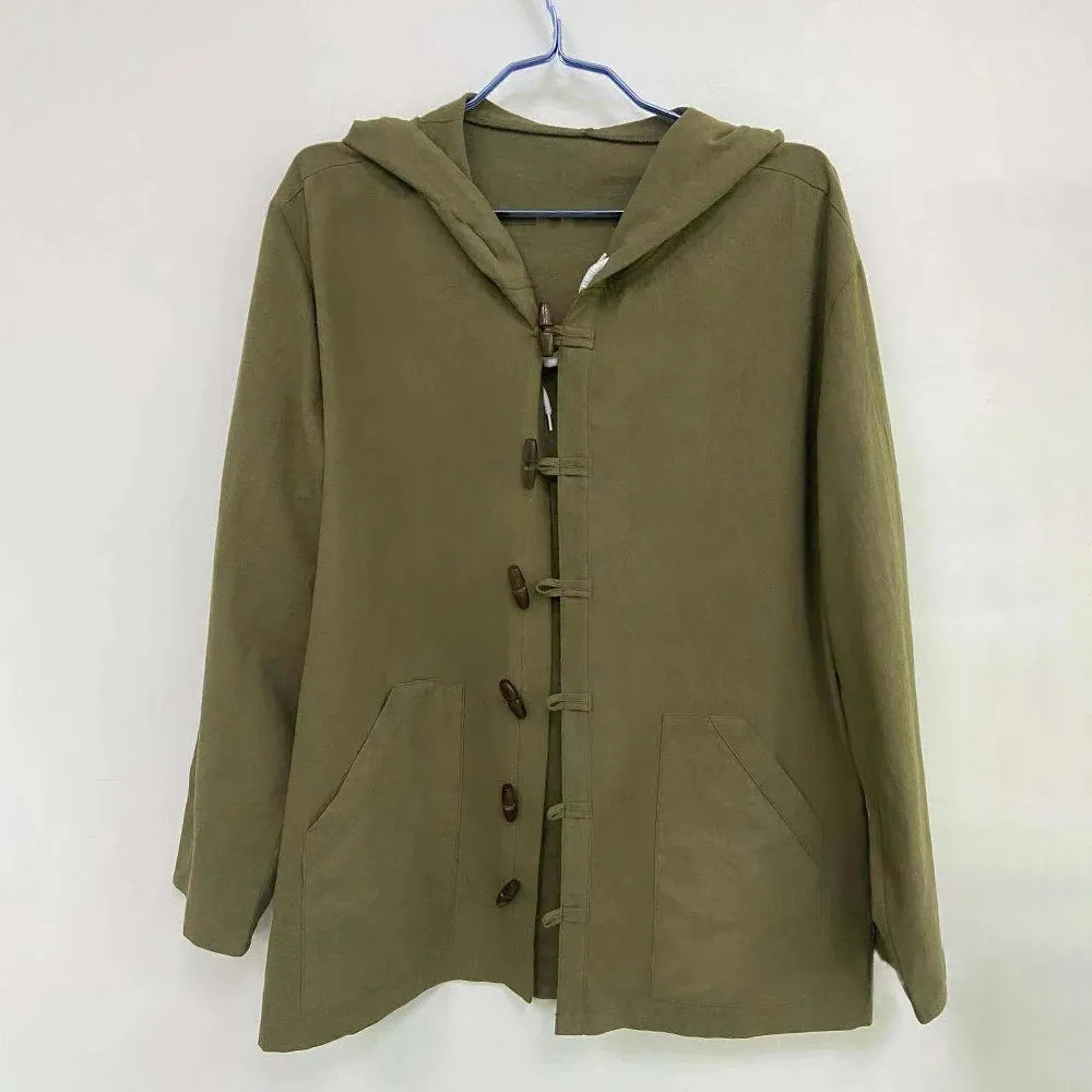 Wiaofellas  -  Mens Autumn Casual Cotton And Linen Hoodies New Essential Retro Solid Color Simple Loose Mid-Length Hooded Jacket For Men