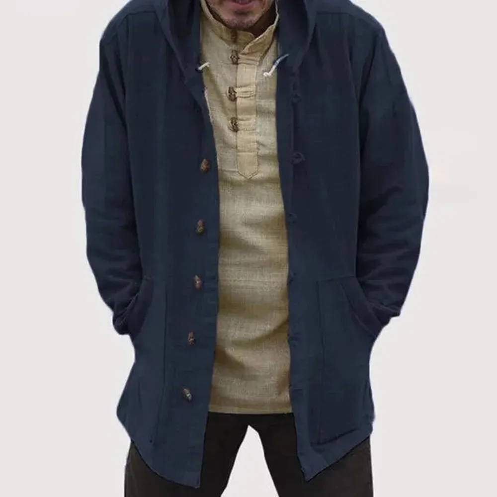 Wiaofellas  -  Mens Autumn Casual Cotton And Linen Hoodies New Essential Retro Solid Color Simple Loose Mid-Length Hooded Jacket For Men