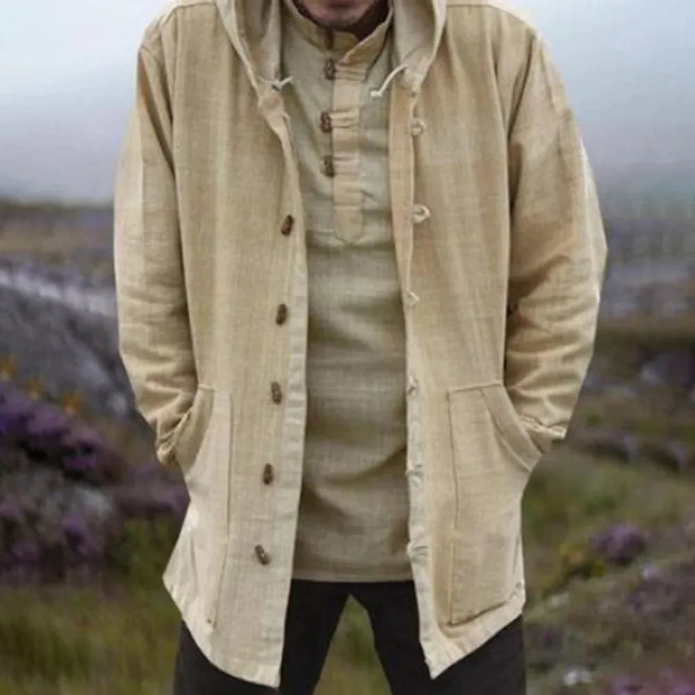 Wiaofellas  -  Mens Autumn Casual Cotton And Linen Hoodies New Essential Retro Solid Color Simple Loose Mid-Length Hooded Jacket For Men