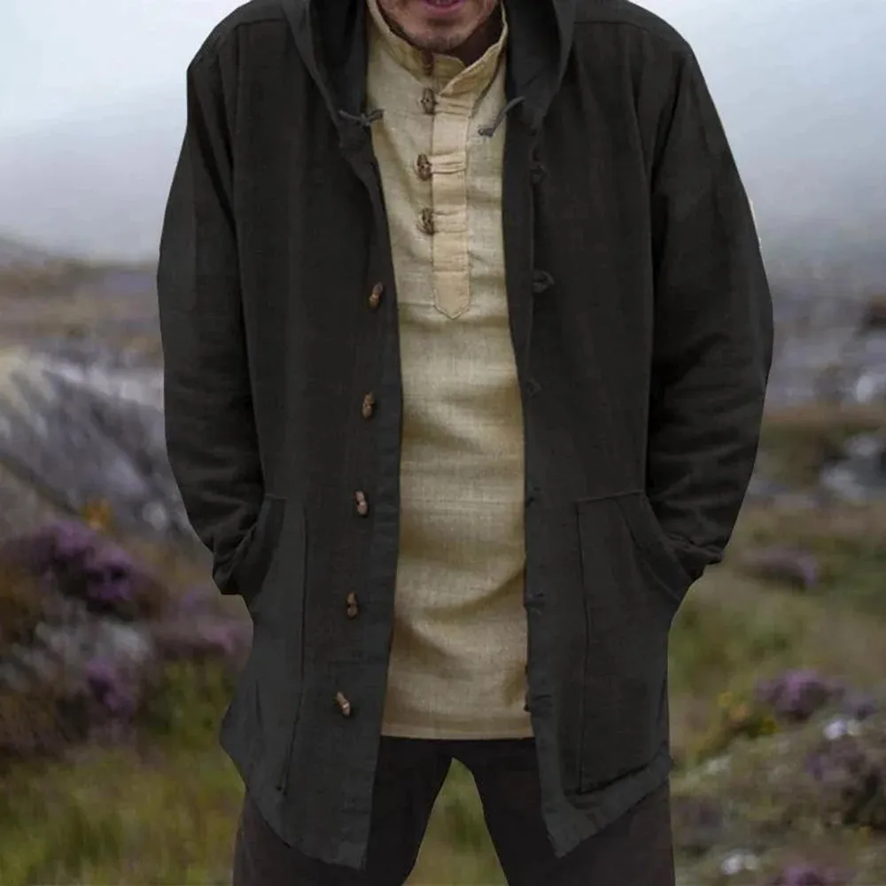 Wiaofellas  -  Mens Autumn Casual Cotton And Linen Hoodies New Essential Retro Solid Color Simple Loose Mid-Length Hooded Jacket For Men