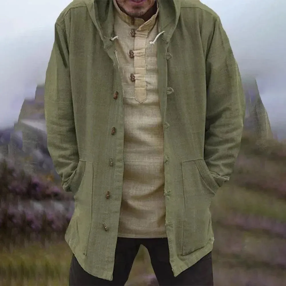 Wiaofellas  -  Mens Autumn Casual Cotton And Linen Hoodies New Essential Retro Solid Color Simple Loose Mid-Length Hooded Jacket For Men